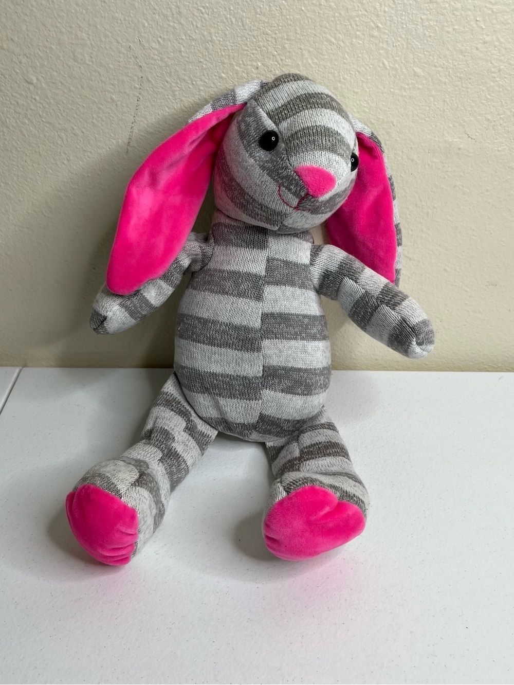 Kellytoy Rabbit Bunny Stuffed Animal Stuffy Gray White Knit Stripe Pink Contrast